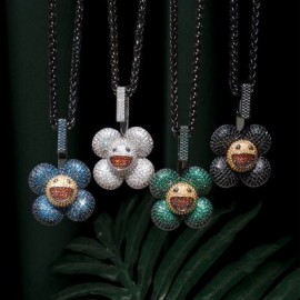 Micro Pave Smiley Sunflower Rotate Pendant in White Gold