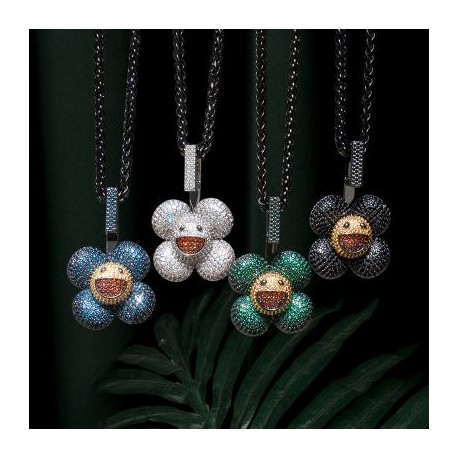 Micro Pave Smiley Sunflower Rotate Pendant in White Gold
