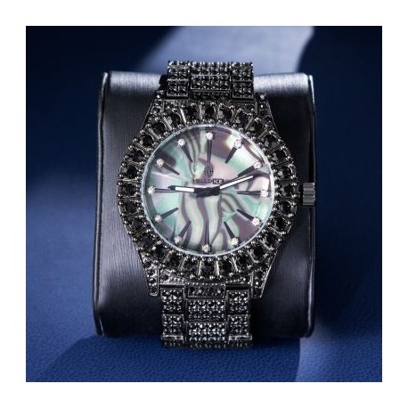 Fully Iced Sea Shell Dial Wrist Watch in Black Gold