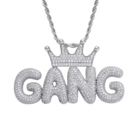 Custom Crown Bubble Letter Pendant in White Gold