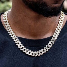 14mm Prong Baguette Cut Box Clasp Cuban Chain in Gold