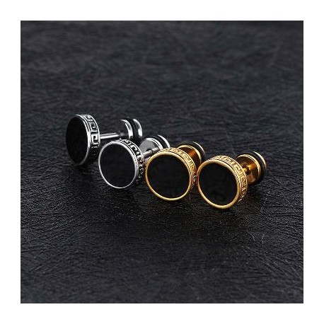 Simple Round Black Greek Key Earrings