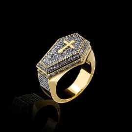 Iced Cross Coffin Ring in Gold