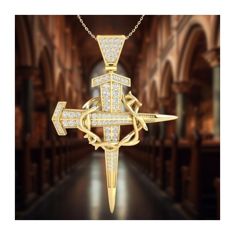 Iced Crown Of Thorns Nail Cross Pendant in Gold