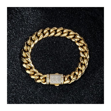 8mm/10mm/12mm/14mm 8'' Stainless Steel Micro-paved Spring Buckle Cuban Bracelet In Gold