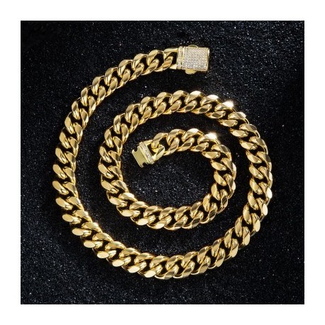 8mm/10mm/12mm/14mm 20" Stainless Steel Micro-paved Spring Buckle Cuban Link Chain In Gold