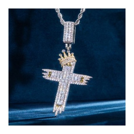 Two-Tone Baguette Diamond Cross with Crown Pendant