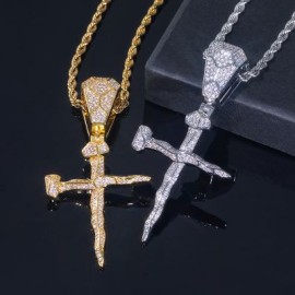 Iced Curved Nail Cross Pendant