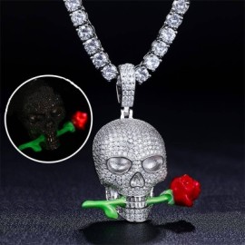 Iced Skull Head with a Luminous Rose Pendant
