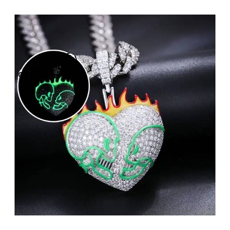 Iced Flame Skull Luminous Heart Pendant