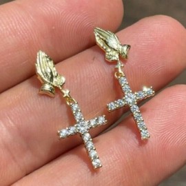 Praying Hand with Diamond Cross Drop Earrings
