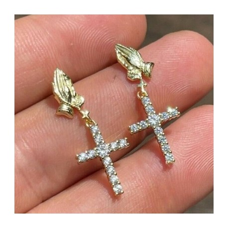 Praying Hand with Diamond Cross Drop Earrings
