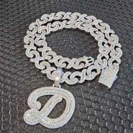 Giant Iced A-Z Baguette Cursive Font Initial Letter Pendant
