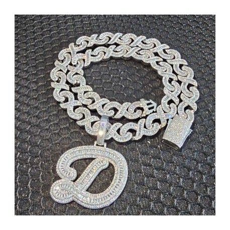 Giant Iced A-Z Baguette Cursive Font Initial Letter Pendant