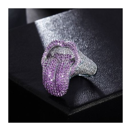 Micro Paved Purple Stones Vampire Tongue Ring in White Gold