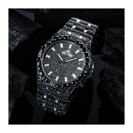 Iced Black Glitter Round Cut Luminous Men's Numerals Watch