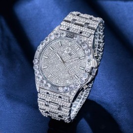 Iced Round Cut Luminous Men's Numerals Watch in White Gold