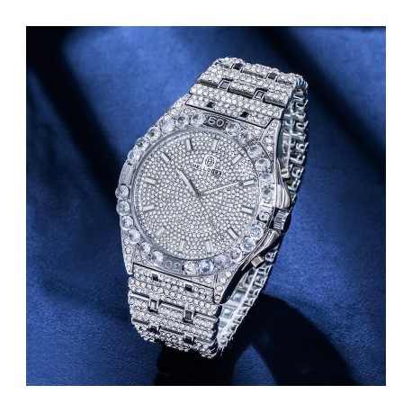 Iced Round Cut Luminous Men's Numerals Watch in White Gold