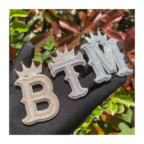 Baguette Cut Thorns A-Z Initial Letters Pendant with Crown