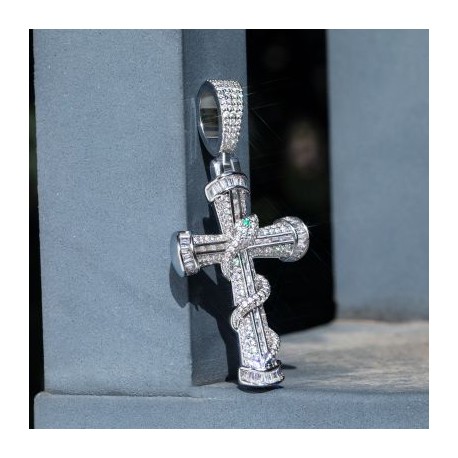 Twisted Snake Micro Pave Baguette Cross Pendant in White Gold