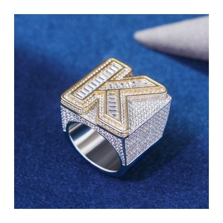 Iced Two-tone Baguette-cut Initial Letter K Ring