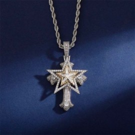 Iced Rotatable Five-pointed Star Cross Pendant