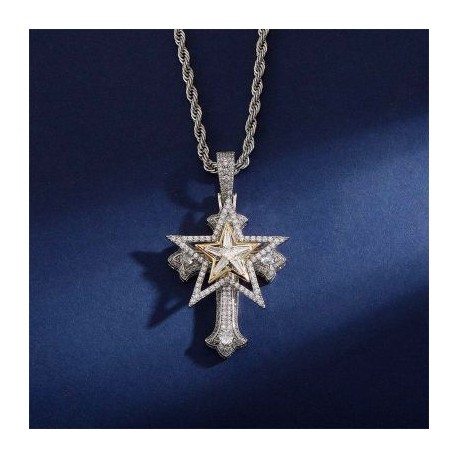 Iced Rotatable Five-pointed Star Cross Pendant