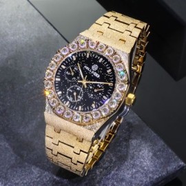 Iced Black Glitter Dial White Round Cut Watch