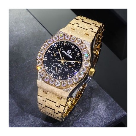 Iced Black Glitter Dial White Round Cut Watch