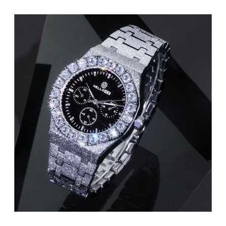 Iced Black Glitter Dial Round Cut Men's Watch