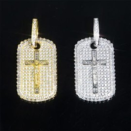 Iced Jesus Crucifix Cross Baguette Dog Tag Pendant