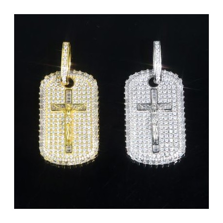 Iced Jesus Crucifix Cross Baguette Dog Tag Pendant