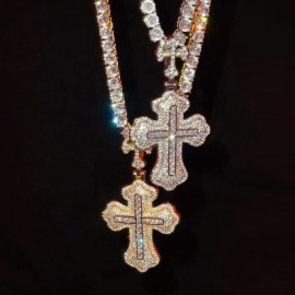 Iced Princess Cut Double Cross Pendant