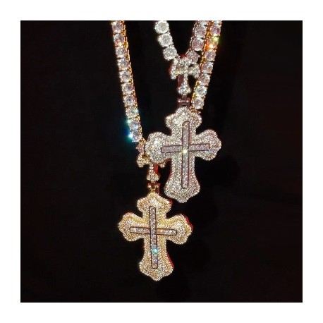 Iced Princess Cut Double Cross Pendant