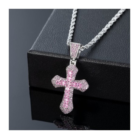 Iced Pink Princess Cut Cross Pendant