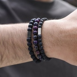 3pcs Personalized Engraved Black Frosted Tiger Eye Volcanic Beads Bracelet