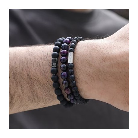 3pcs Personalized Engraved Black Frosted Tiger Eye Volcanic Beads Bracelet