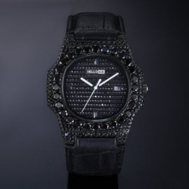 Iced Black Stones Watch in Black Gold with Leather Strap