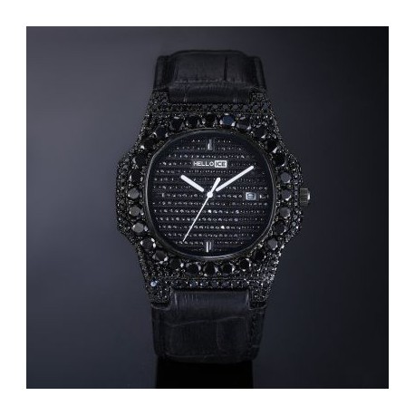 Iced Black Stones Watch in Black Gold with Leather Strap