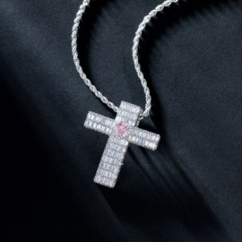 Iced Baguette Cut Cross Pink Heart Pendant