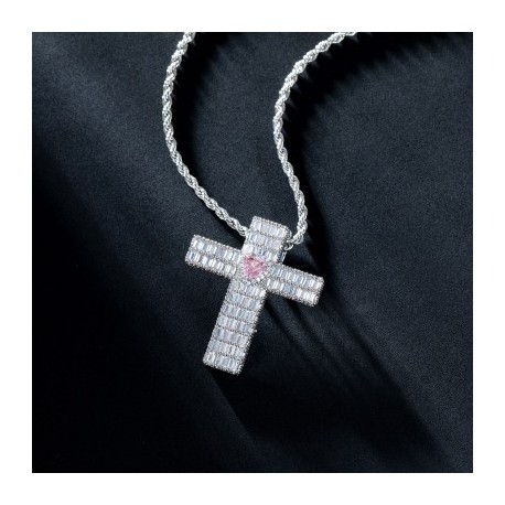 Iced Baguette Cut Cross Pink Heart Pendant
