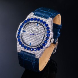Iced Sapphire Stones Watch in White Gold with Leather Strap