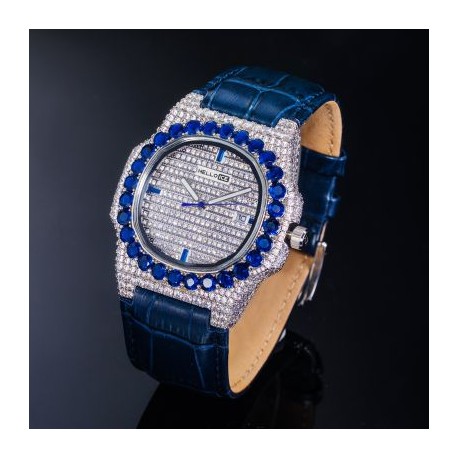 Iced Sapphire Stones Watch in White Gold with Leather Strap