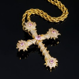 Iced Pink Heart Cross of Thorns Pendant in Gold