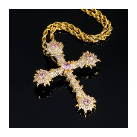 Iced Pink Heart Cross of Thorns Pendant in Gold