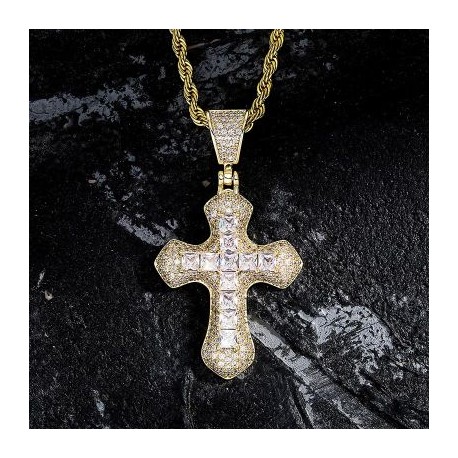 Princess Cut Iced Cross Pendant in Gold