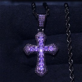 Iced Purple Princess Cut Cross Pendant in Black Gold