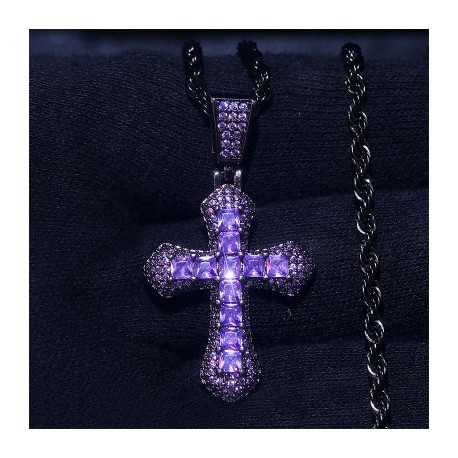 Iced Purple Princess Cut Cross Pendant in Black Gold