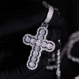 Iced Hollow Round Cut Cross Pendant in White Gold