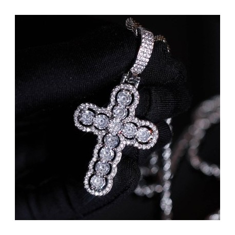 Iced Hollow Round Cut Cross Pendant in White Gold